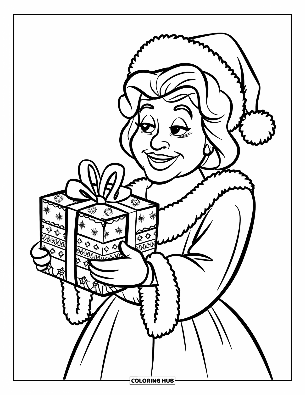 Mrs. Claus Coloring Page for Kids: Mrs. Claus proudly presents a special Christmas gift
