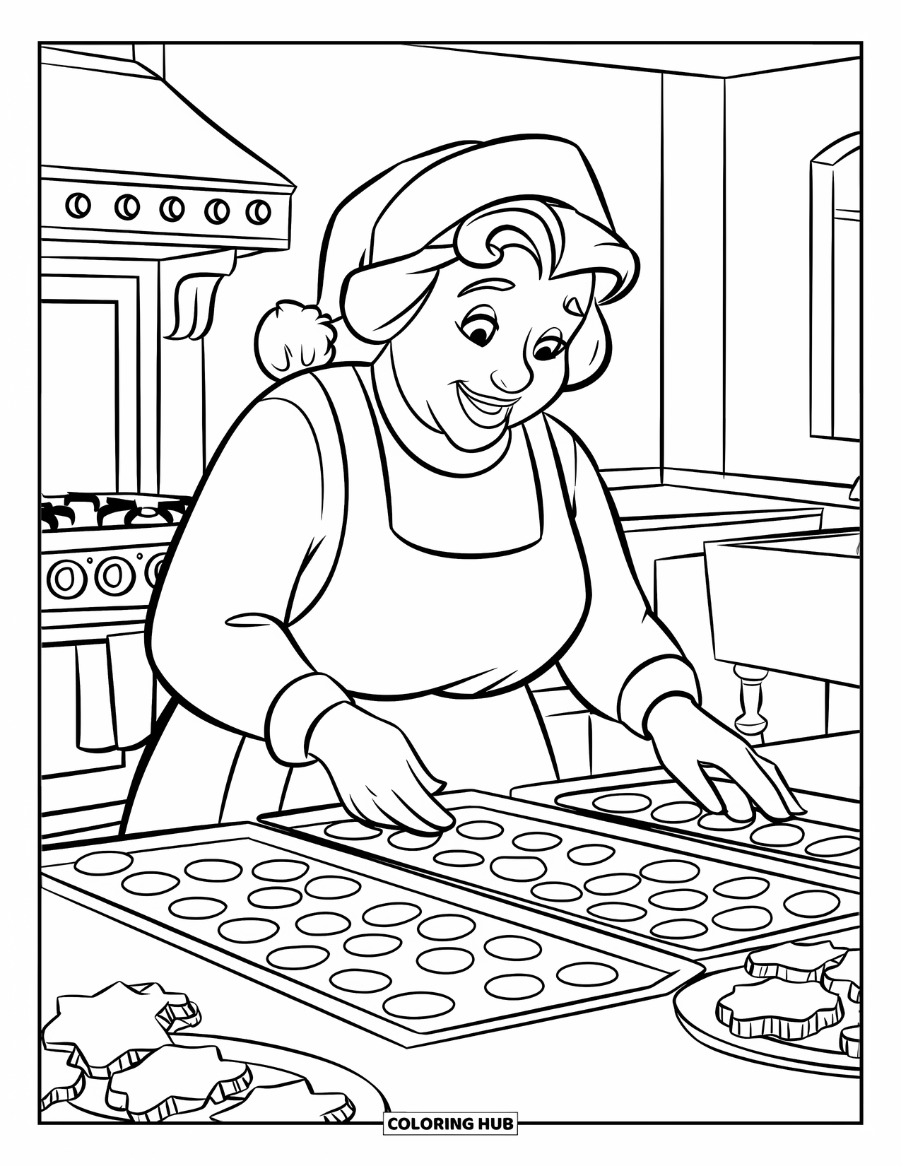 Mrs. Claus Coloring Page for Kids: Mrs. Claus pulls warm cookies from the oven