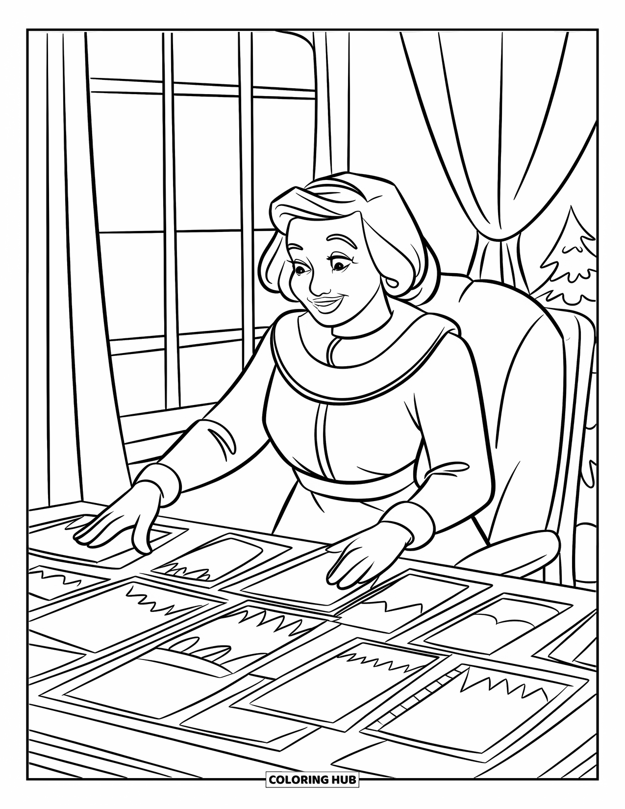 Mrs. Claus Coloring Page for Kids: Mrs. Claus reads holiday letters in a cozy study