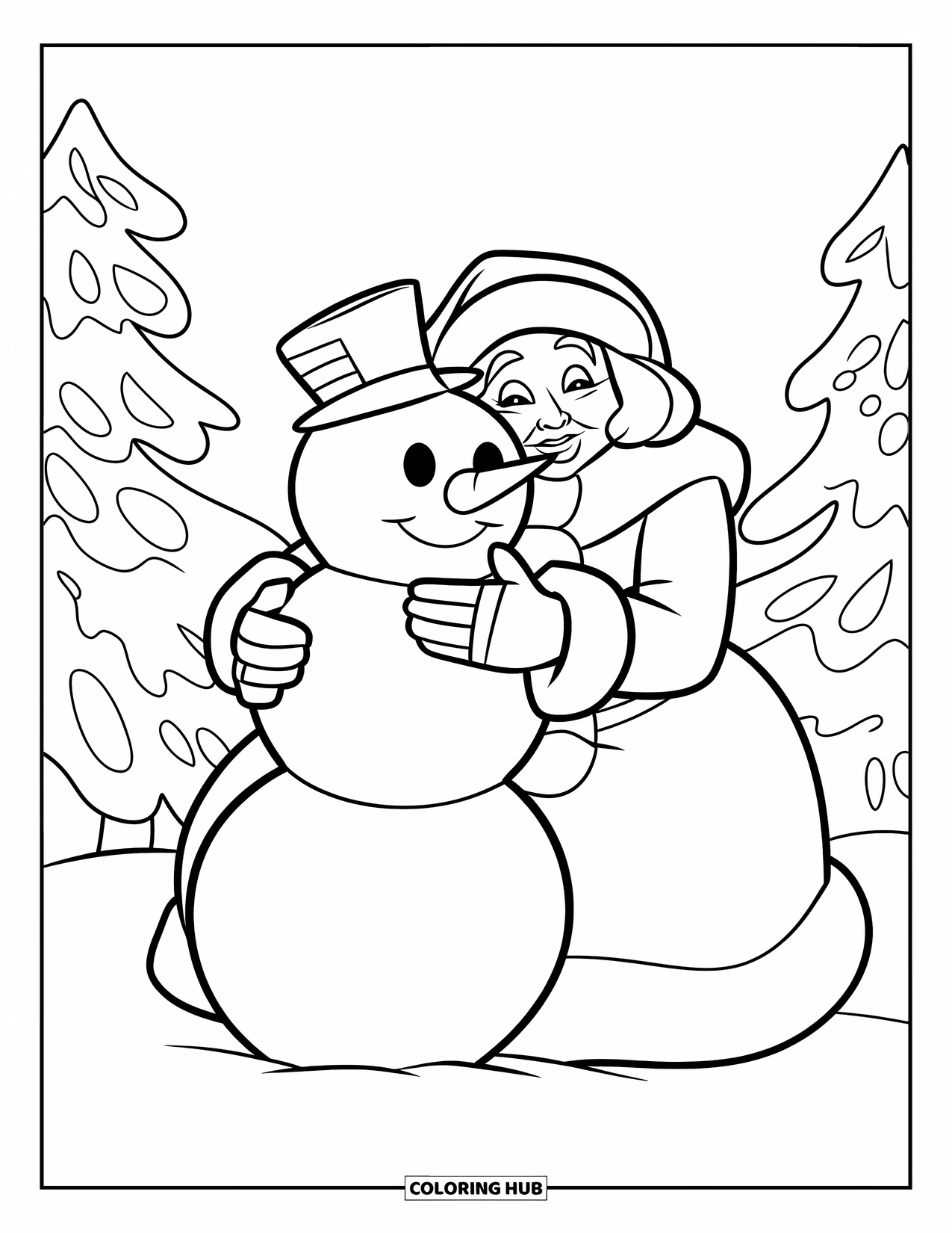 Mrs. Claus Coloring Page for Kids: Mrs. Claus shares a cheerful hug with a snowman