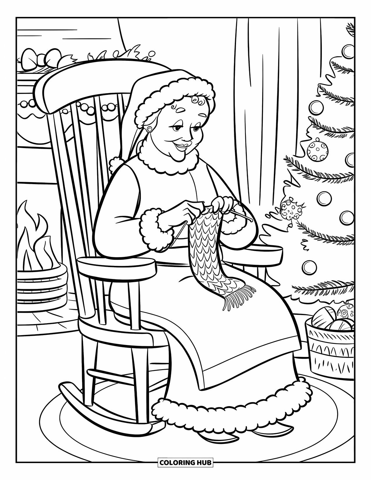 Mrs. Claus Coloring Page for Kids: Mrs. Claus sits and knits by the Christmas tree