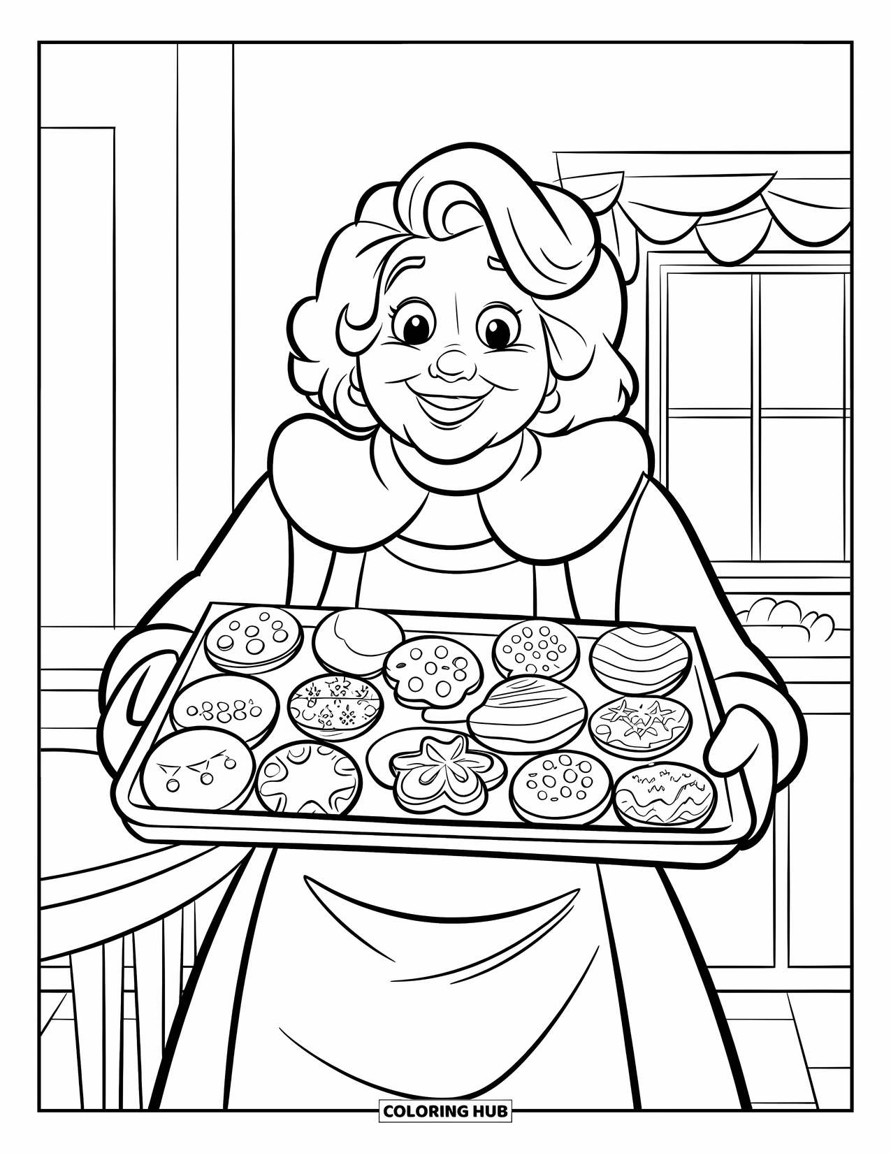 Mrs. Claus Coloring Page for Kids: Mrs. Claus smiles with a tray of fresh cookies