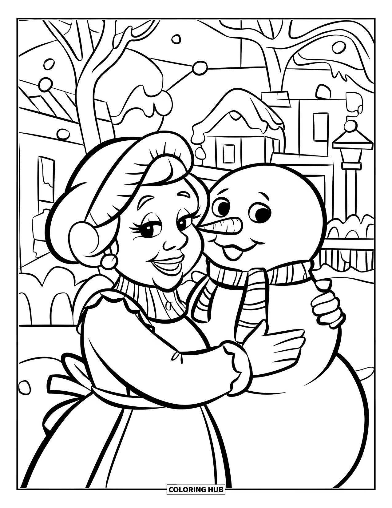 Mrs. Claus Coloring Page for Kids: Mrs. Claus smiles with her snowman friend outside
