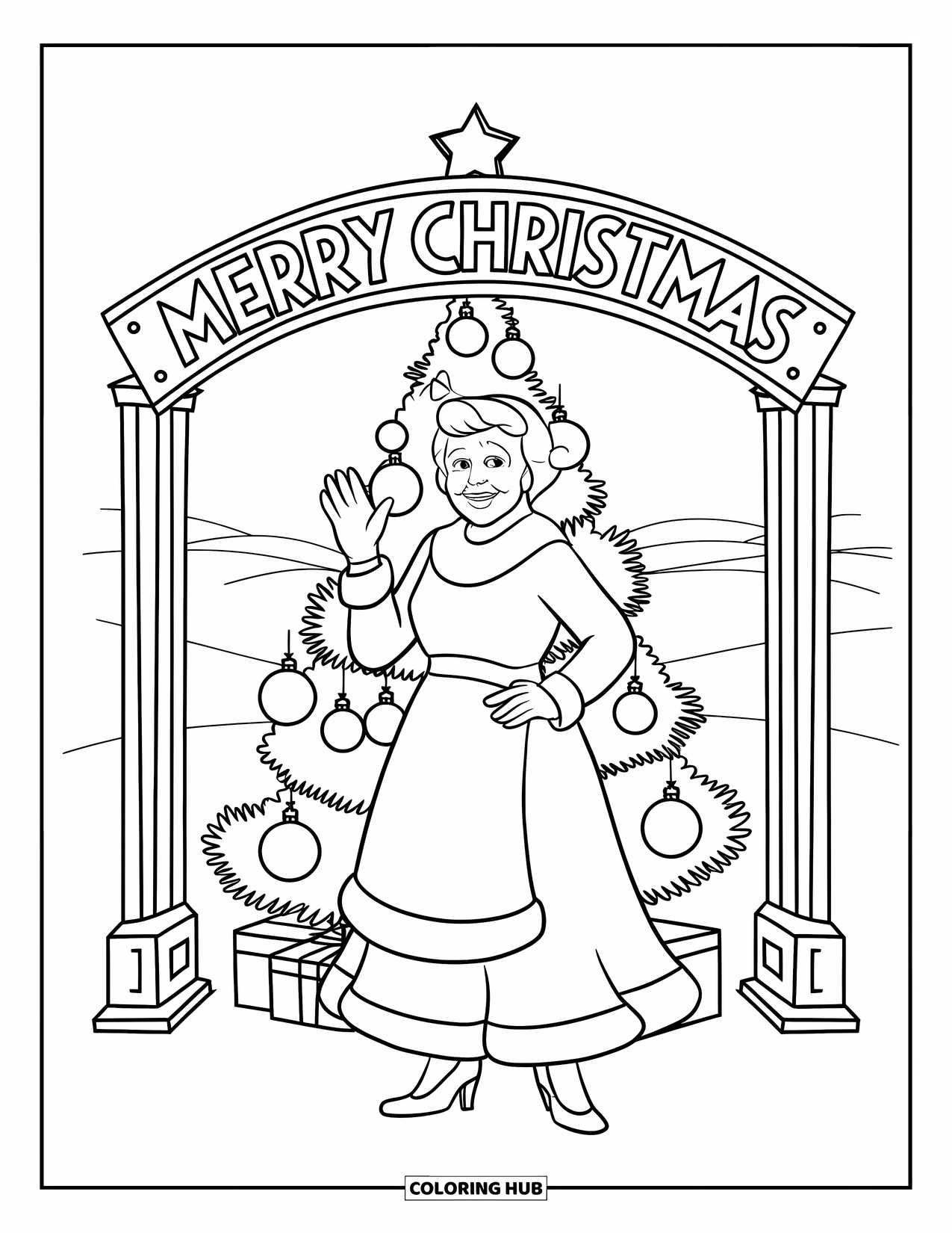 Mrs. Claus Coloring Page for Kids: Mrs. Claus stands cheerfully beside a decorated tree