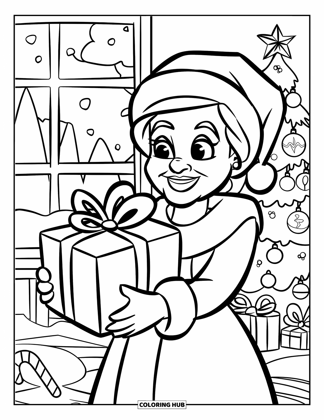 Mrs. Claus Coloring Page for Kids: Mrs. Claus stands with a ribboned gift in hand
