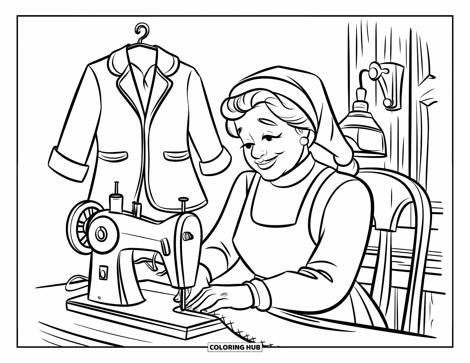 Mrs. Claus Coloring Page for Kids: Mrs. Claus stitches a holiday outfit with care