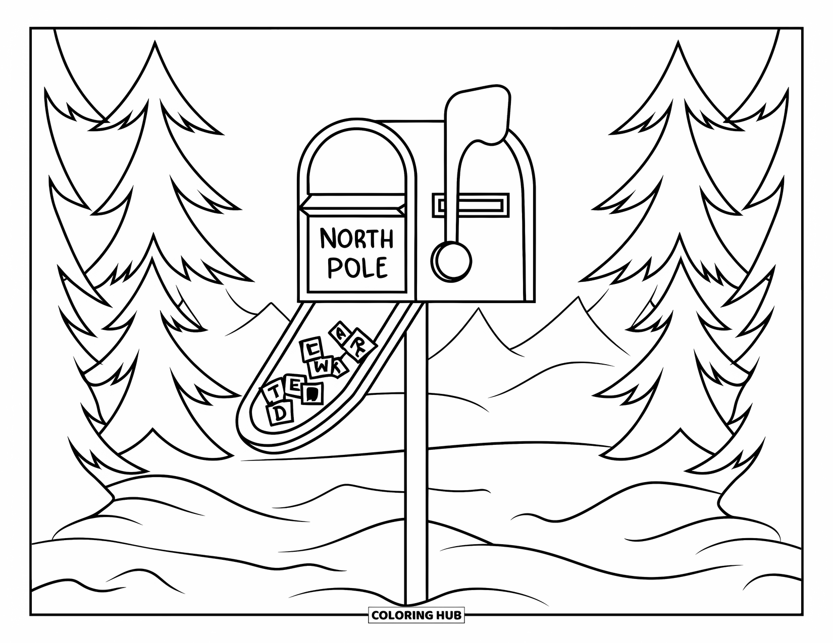 North Pole Coloring Page for Adults: A North Pole mailbox stands among scattered letters and snowy fir trees