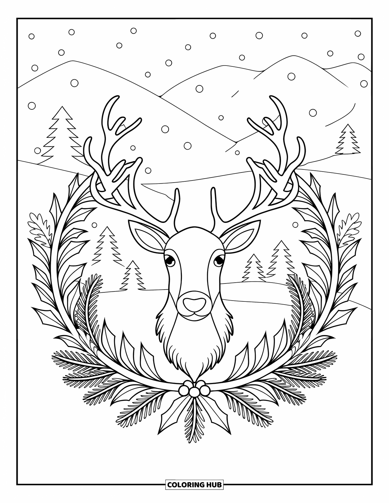 North Pole Coloring Page for Adults: A North Pole reindeer stands in snowy fir branches and holly