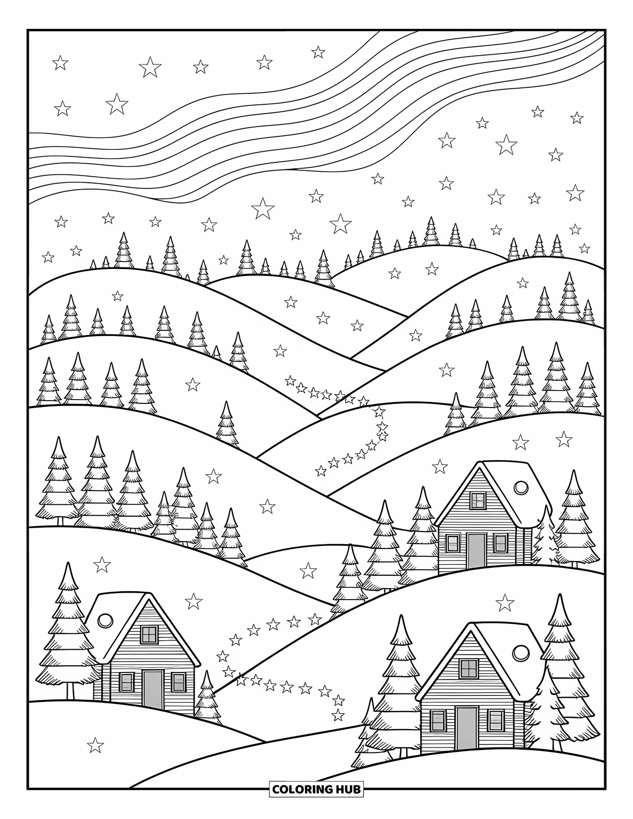 North Pole Coloring Page for Adults: A peaceful village of igloos glows with lanterns near a frozen pond and trees