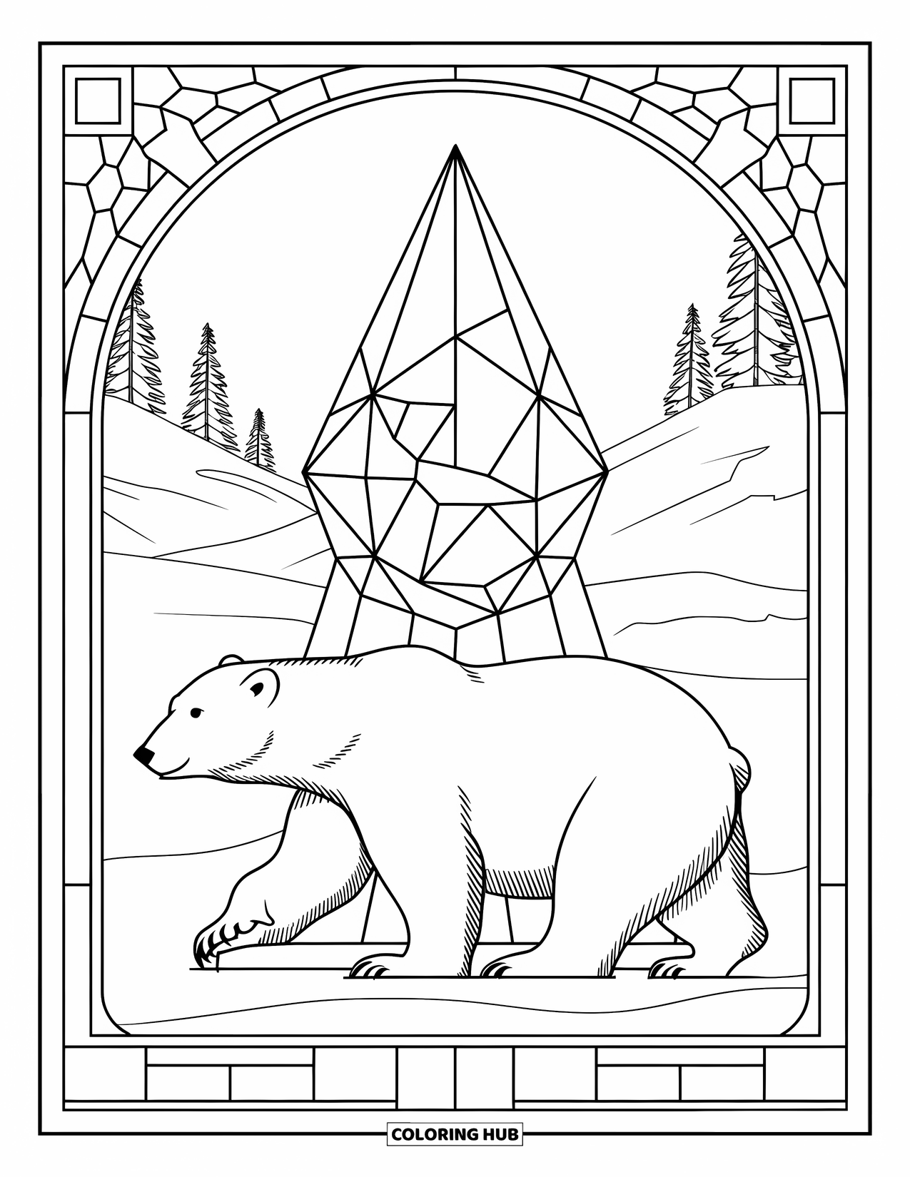North Pole Coloring Page for Adults: A polar bear strolls past the North Pole inside a crystal frame and snowy forest