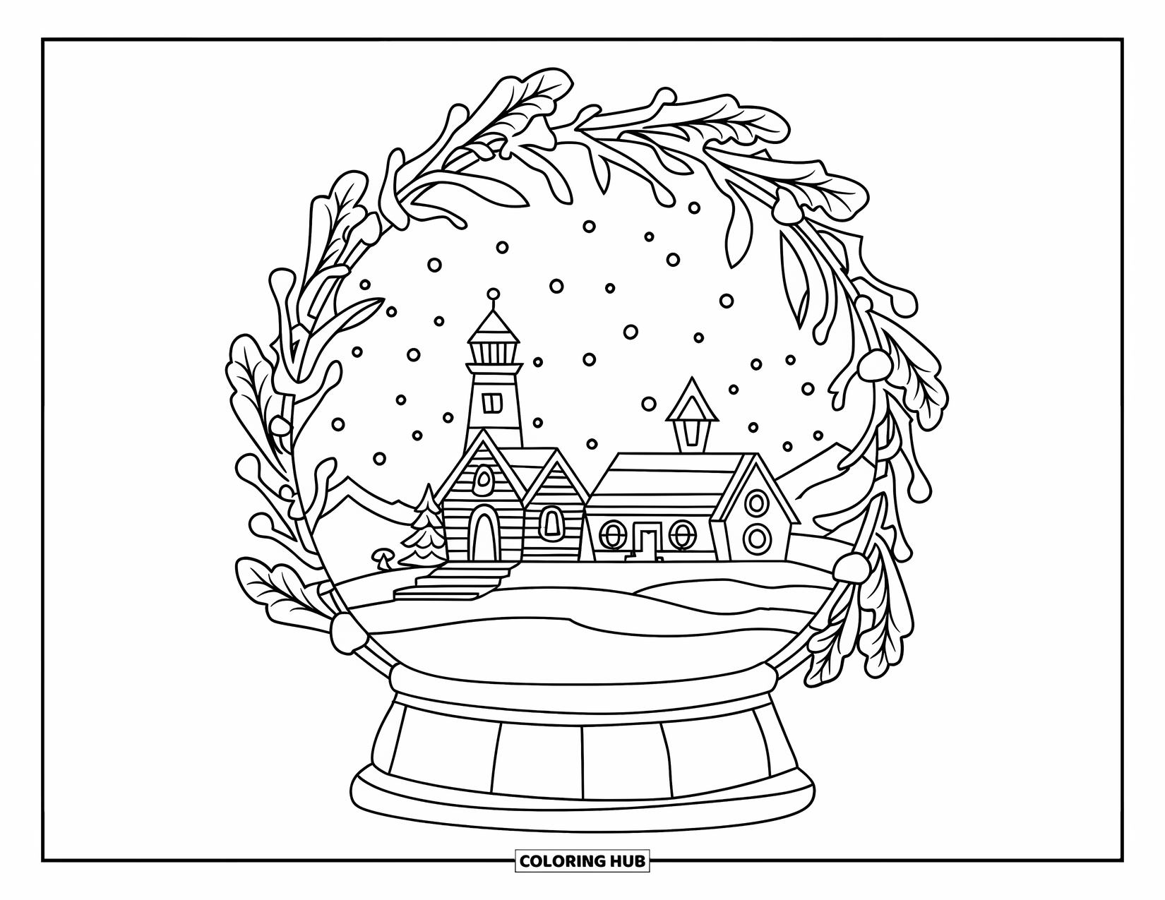 North Pole Coloring Page for Adults: A snow globe shows the North Pole village wrapped in frosty vines