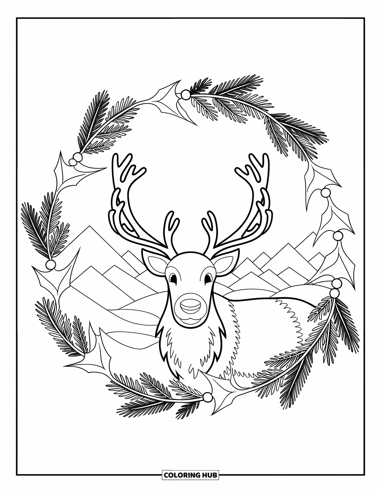 North Pole Coloring Page for Adults: A snowy reindeer scene is framed with holly and fir branches