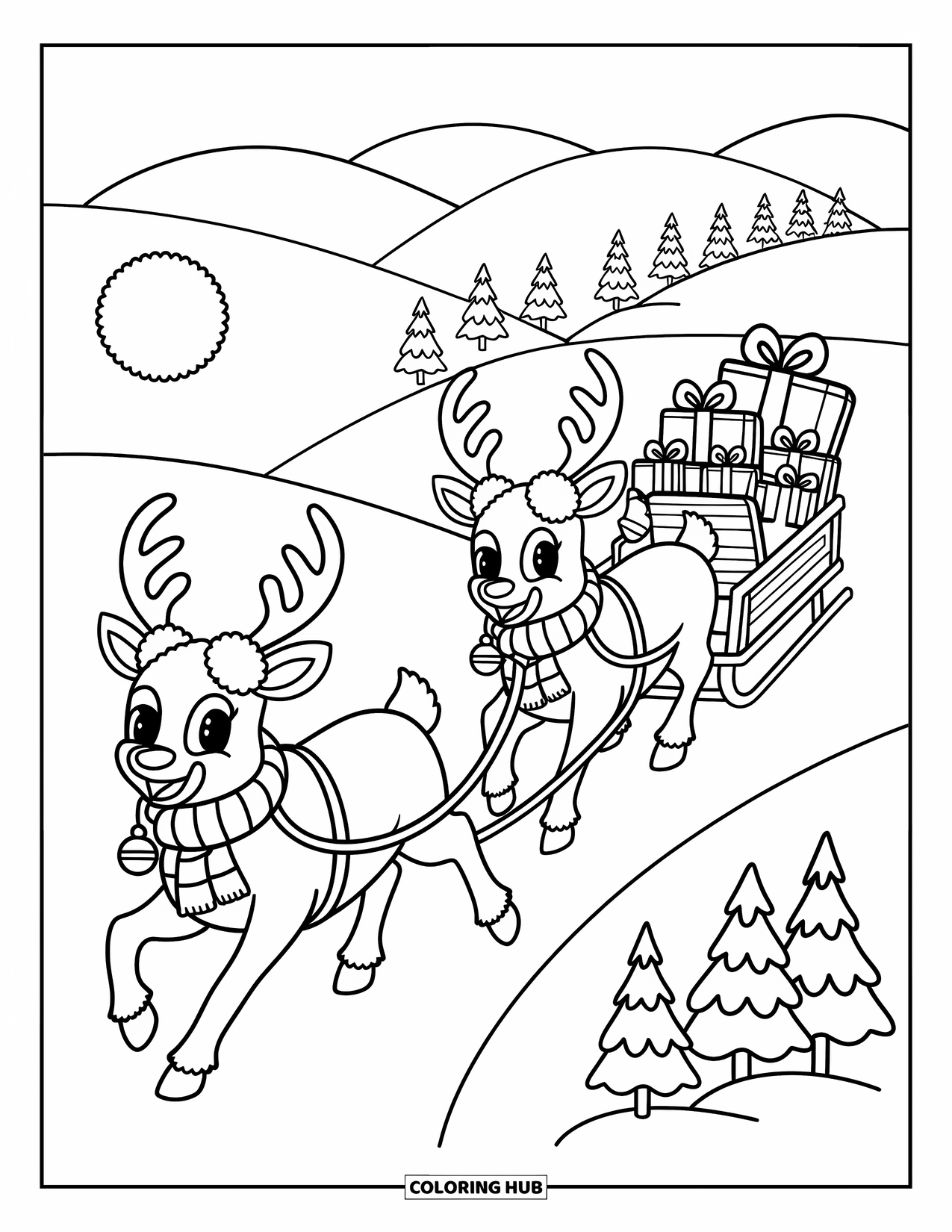 North Pole Coloring Page for Adults: A striped North Pole sign stands beside gifts, a mailbox, and glowing trees
