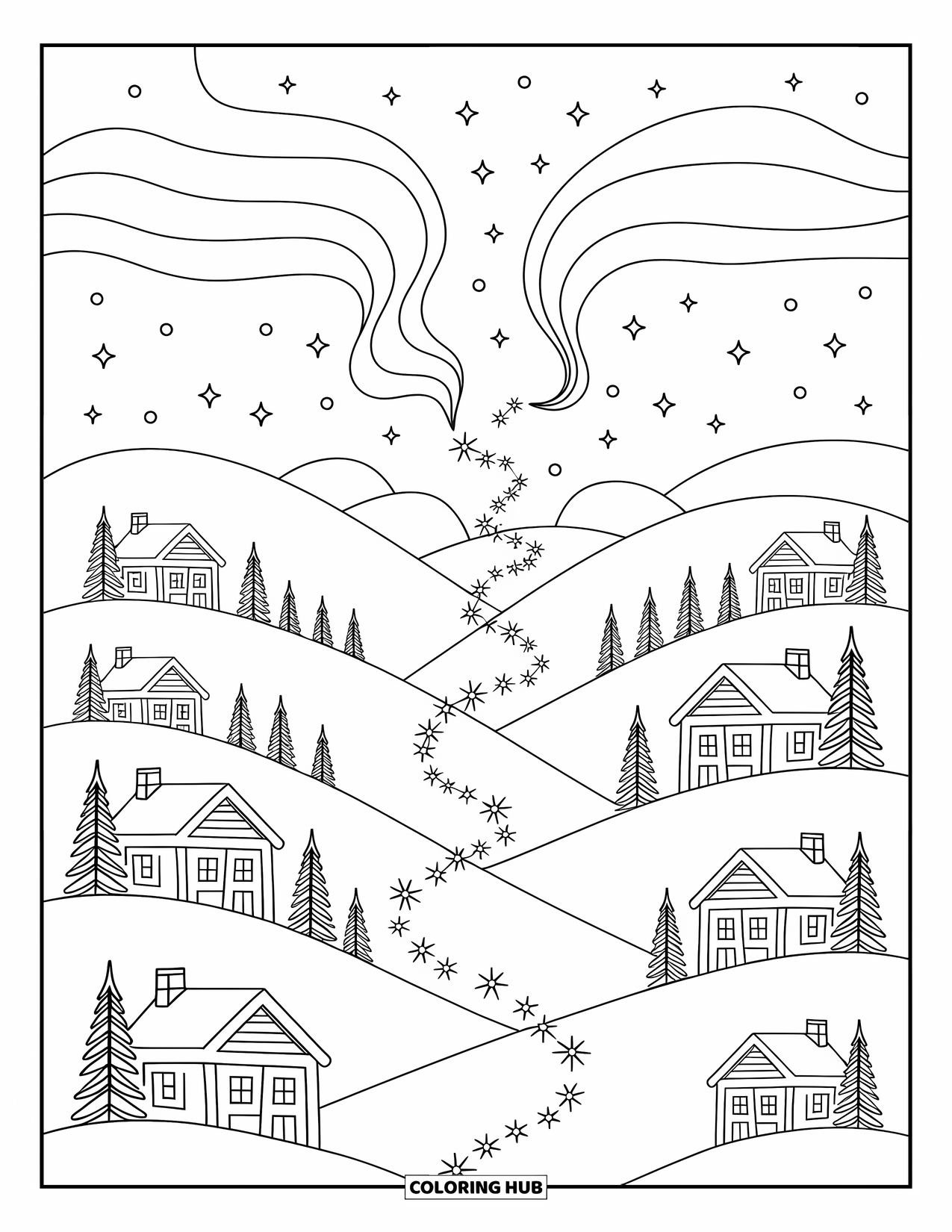 North Pole Coloring Page for Adults: Cabins glow beneath snowy hills as stars and sparkles drift through the sky