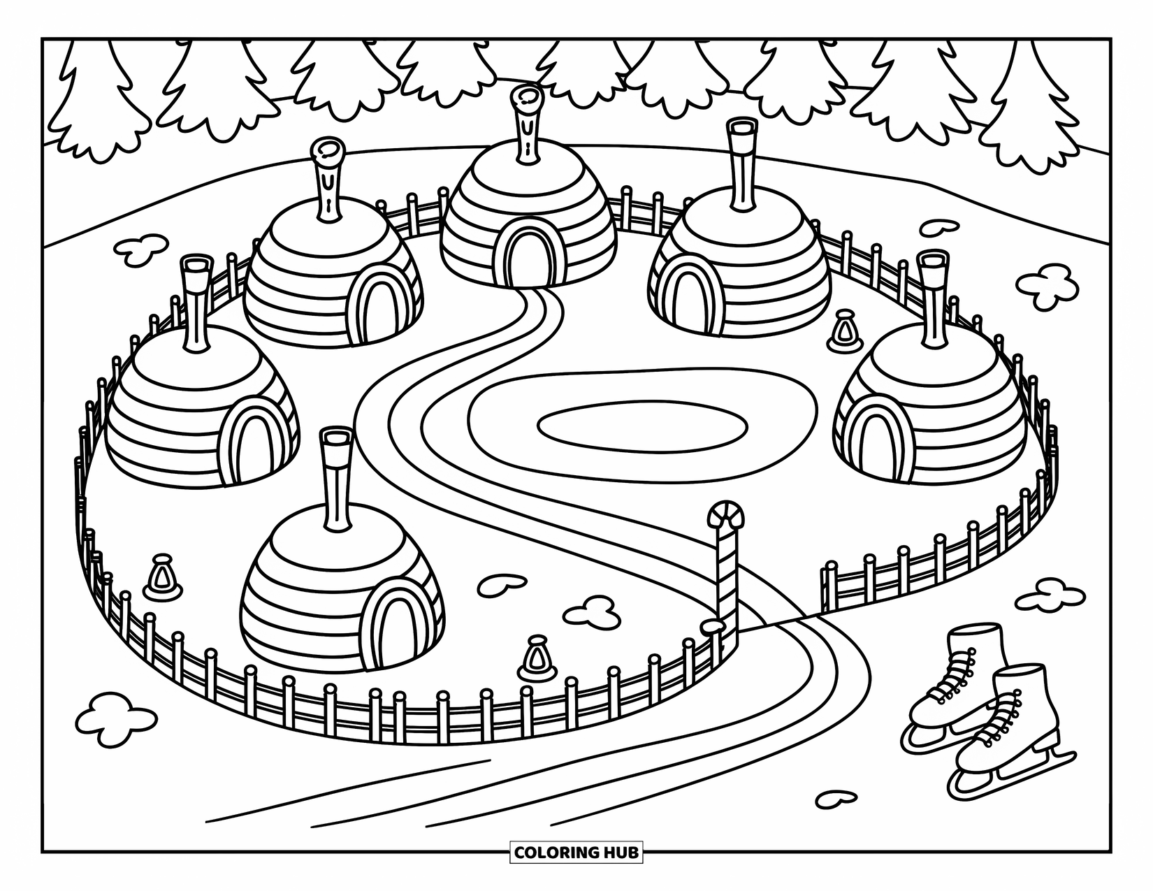 North Pole Coloring Page for Adults: Candy cane fences surround glowing igloos near a frozen pond and snowy trails