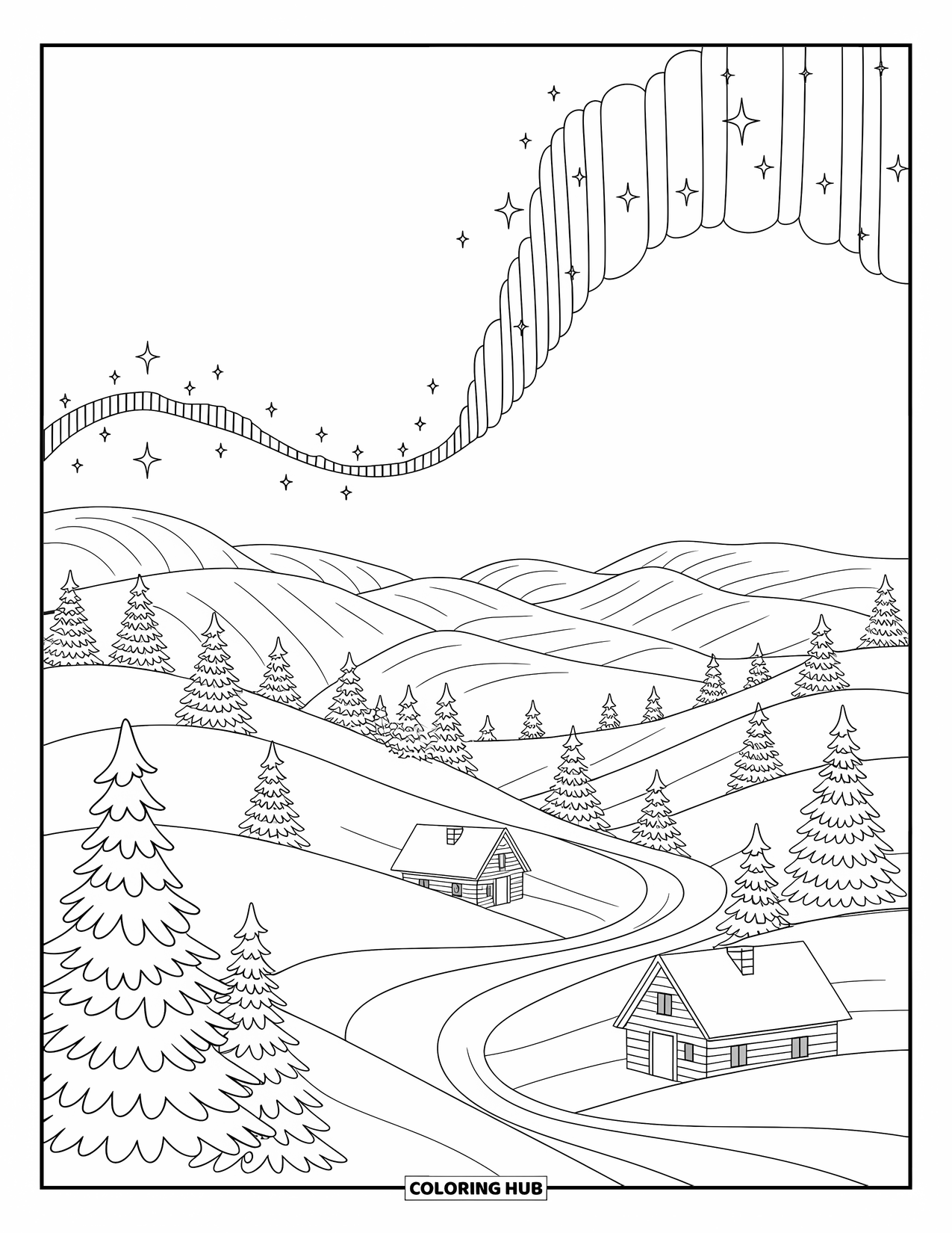 North Pole Coloring Page for Adults: Rolling snowy hills sparkle under an aurora with cozy cabins and twinkling stars