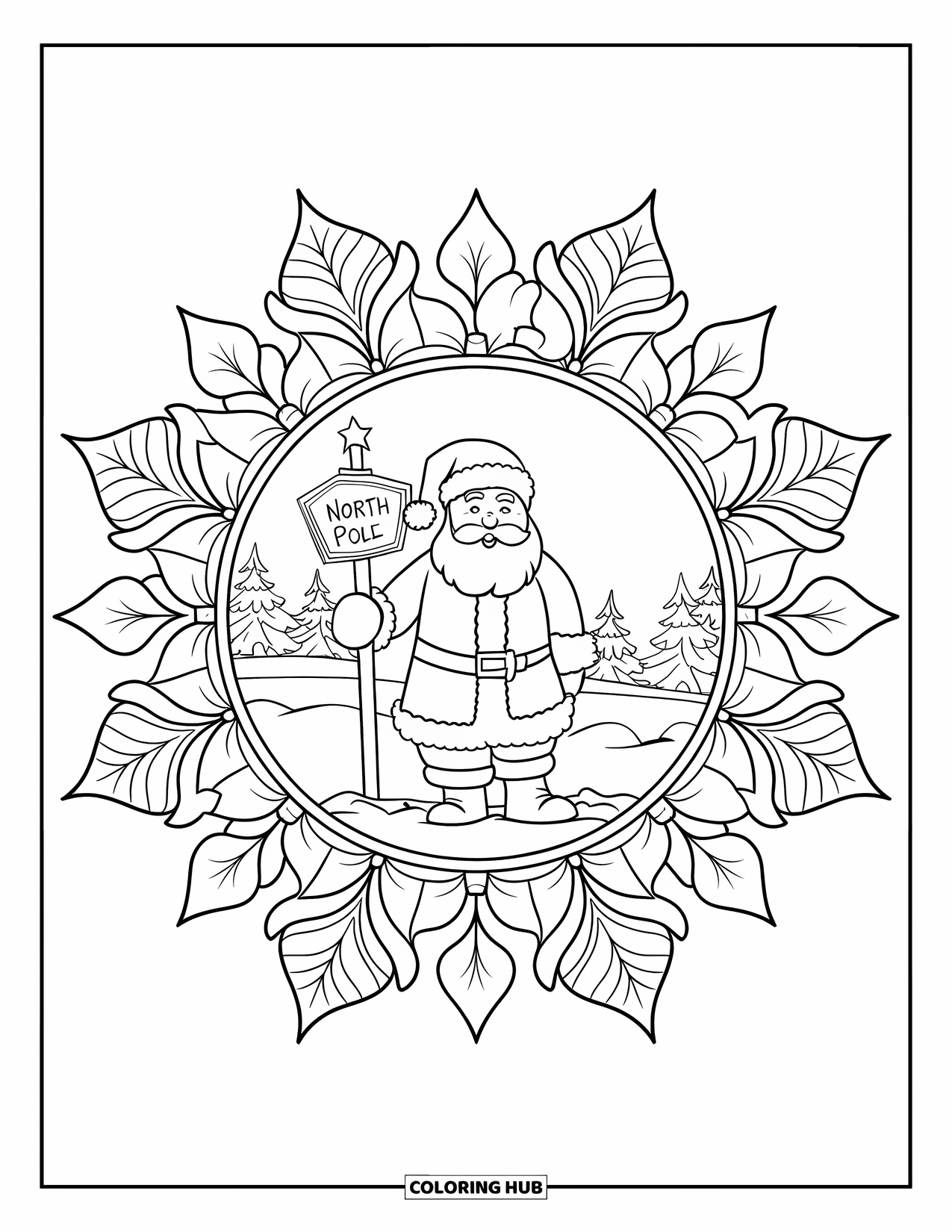 North Pole Coloring Page for Adults: Santa stands by the North Pole signpost surrounded by a poinsettia mandala
