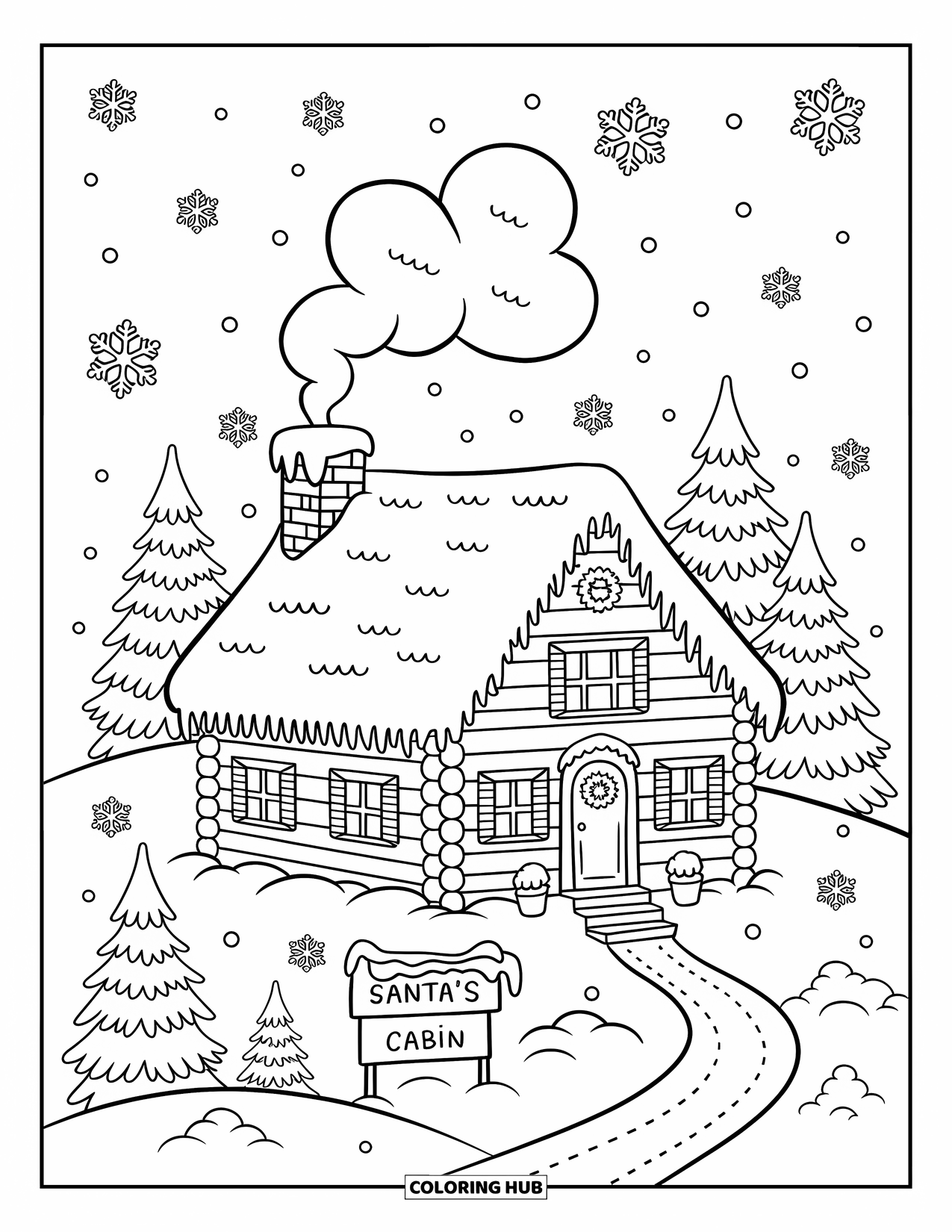 North Pole Coloring Page for Adults: Santaís Cabin sits on a snowy hill with smoke curling and trees all around