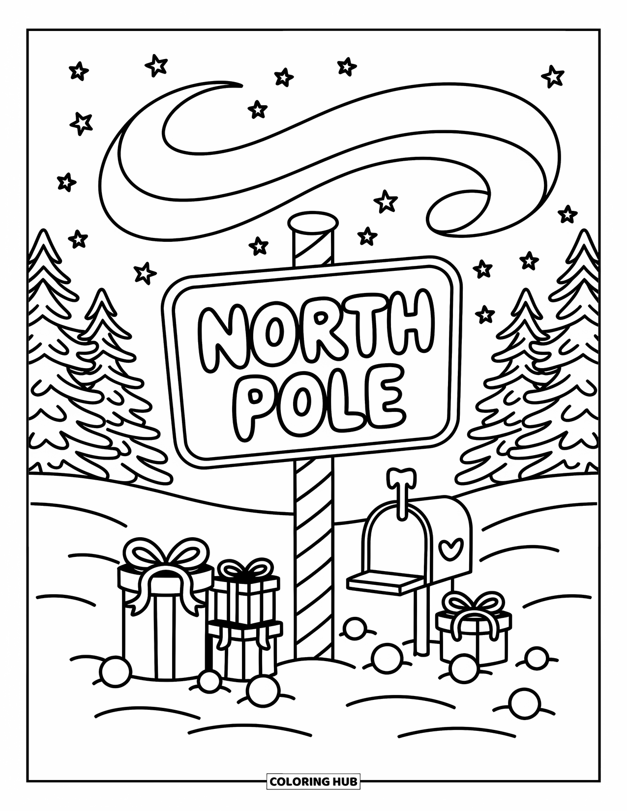 North Pole Coloring Page for Adults: Santaís sleigh rests on a snowy hill, with reindeer and sky full of sparkles