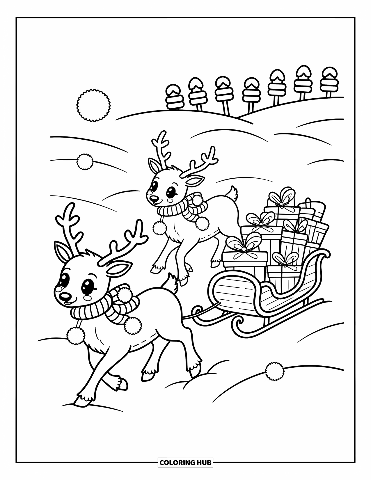 North Pole Coloring Page for Adults: The North Pole sign shines near trees, gifts, snowballs, and a dancing aurora