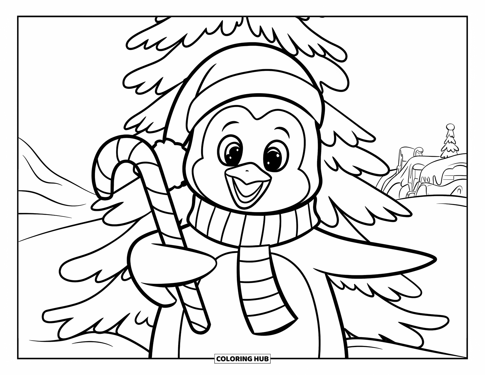 North Pole Coloring Page for Kids: A cheerful penguin holding a candy cane in the snowy North Pole