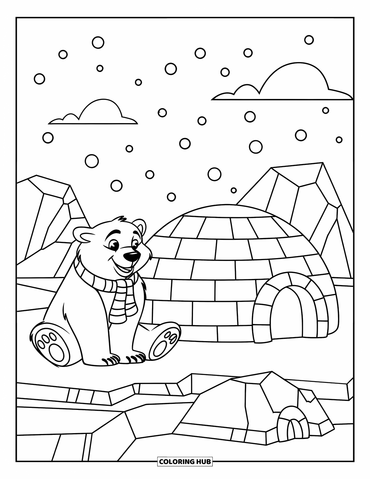 North Pole Coloring Page for Kids: A cheerful polar bear in a scarf sitting beside a snowy igloo