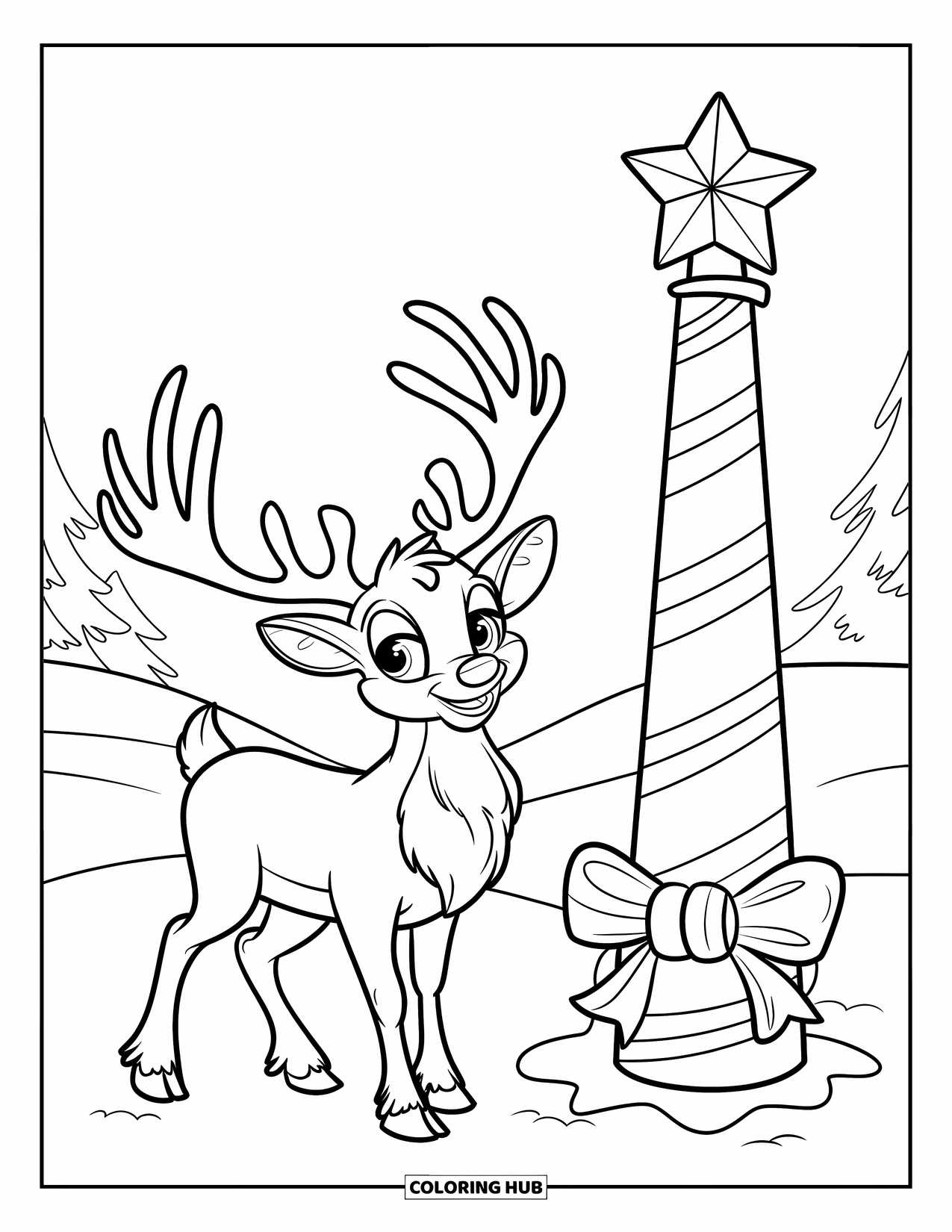 North Pole Coloring Page for Kids: A friendly reindeer with big antlers standing near a striped post
