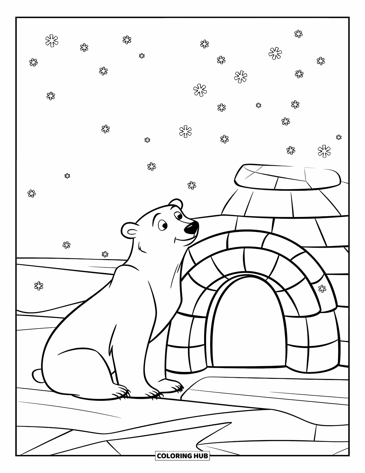 North Pole Coloring Page for Kids: A polar bear by an igloo under snowy skies