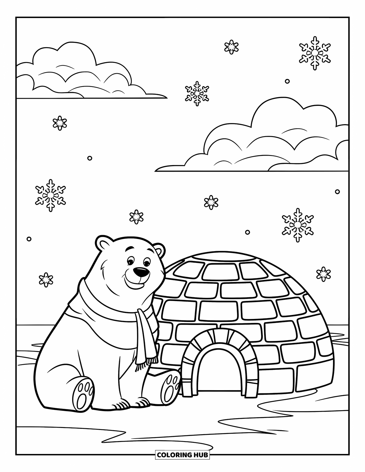 North Pole Coloring Page for Kids: A polar bear with a scarf resting near a snowy igloo