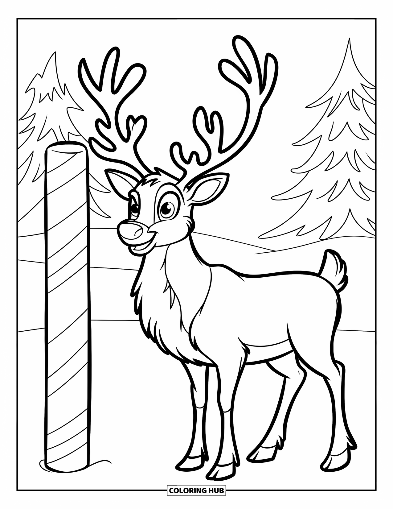 North Pole Coloring Page for Kids: A red-nosed reindeer standing proudly beside a candy-striped North Pole post