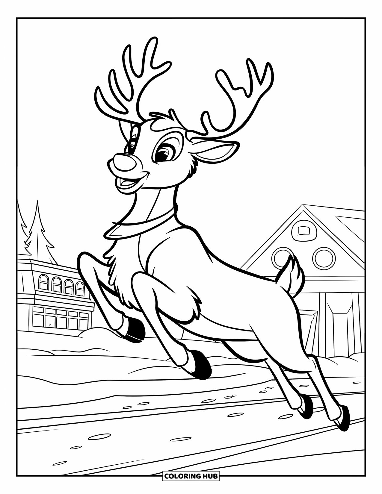 North Pole Coloring Page for Kids: A reindeer leaping into the air from a snowy runway