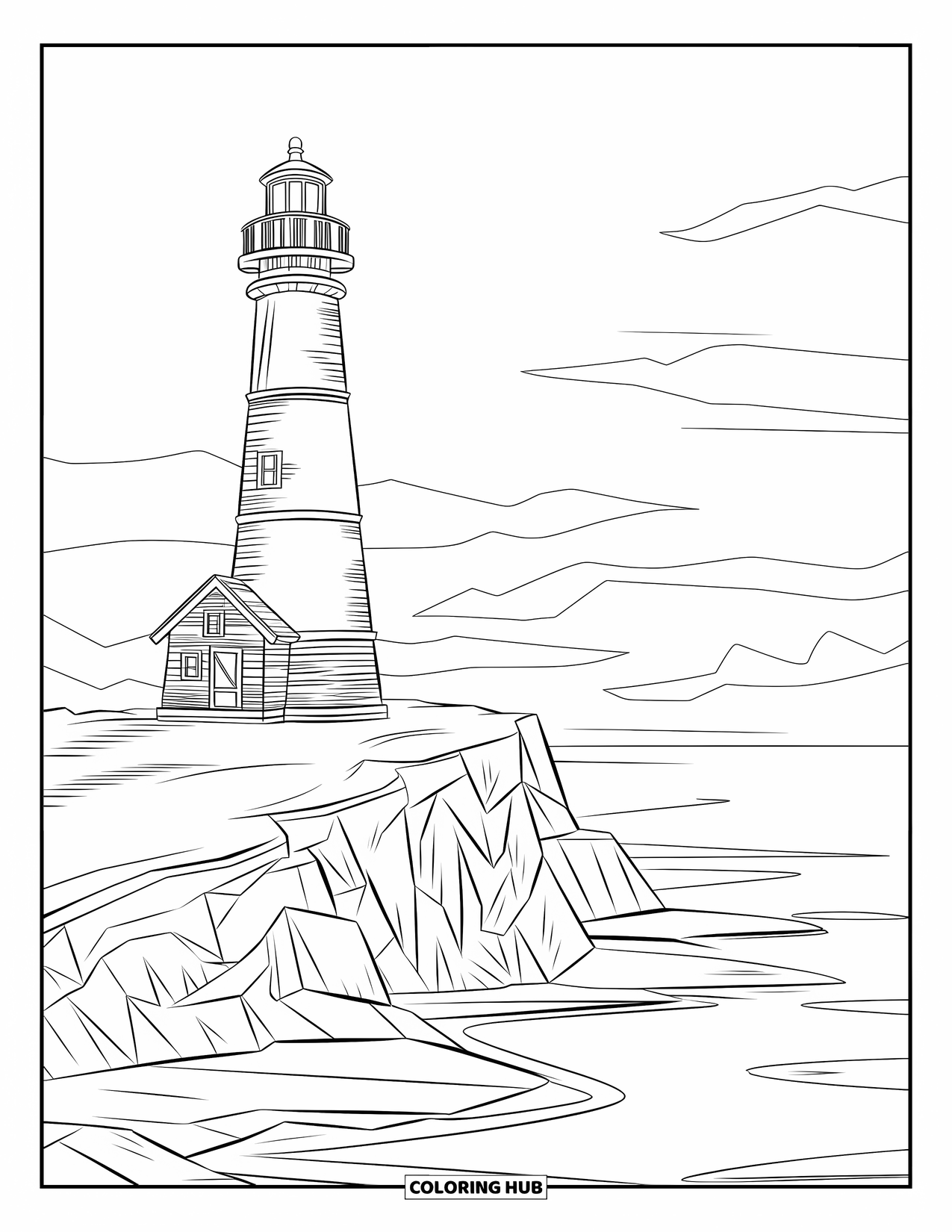 North Pole Coloring Page for Kids: A round North Pole lighthouse overlooking snowy cliffs and frozen waters