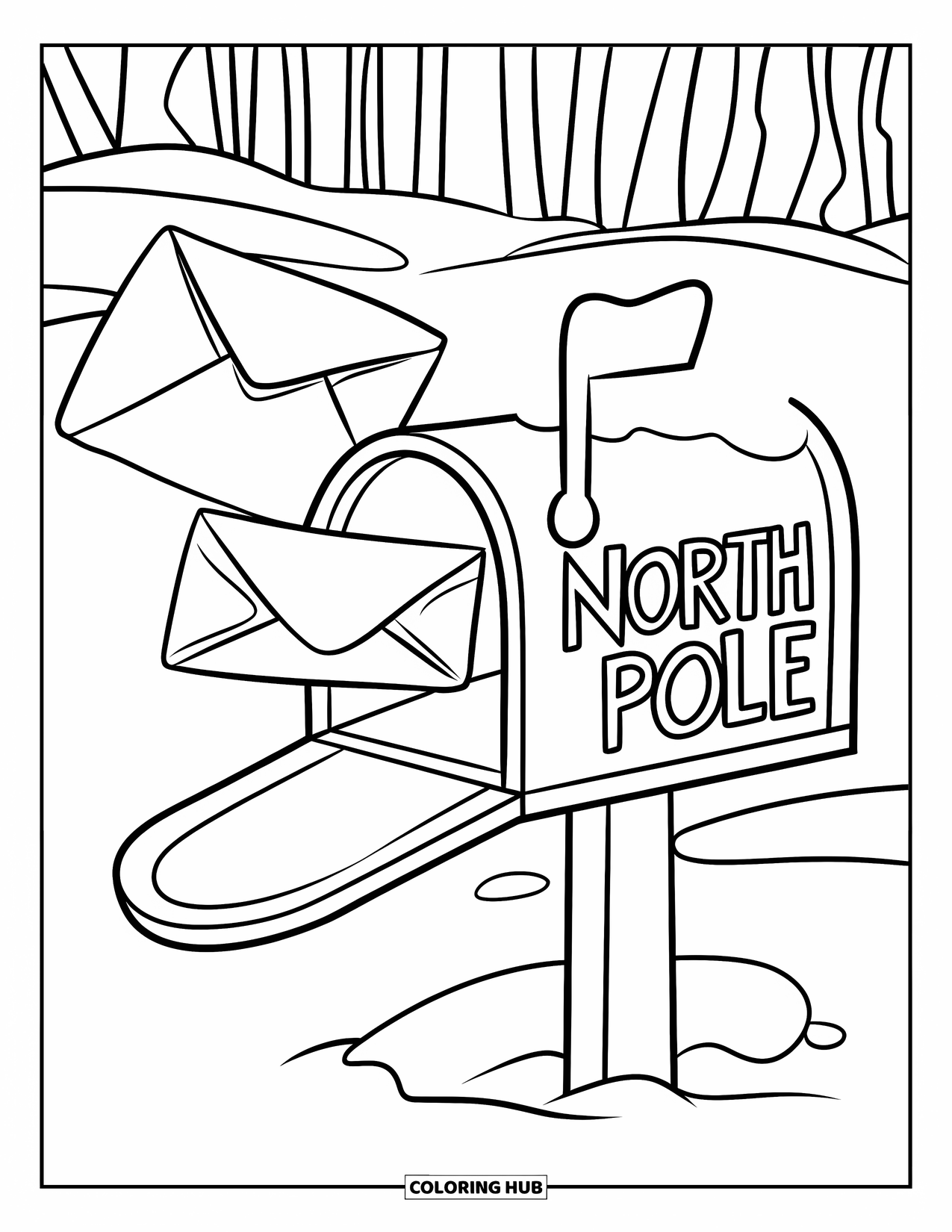 North Pole Coloring Page for Kids: A snowy mailbox with a flying letter to Santa