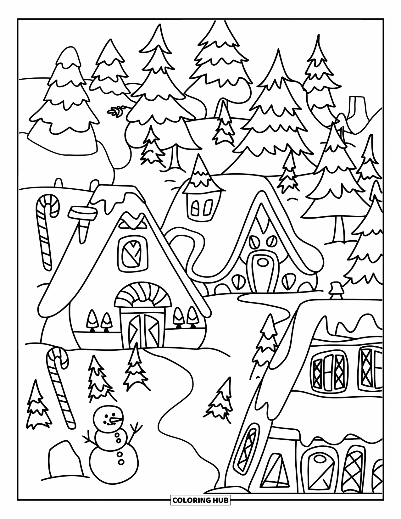 North Pole Coloring Page for Kids: A snowy winter village with candy canes, pine trees, and snowmen