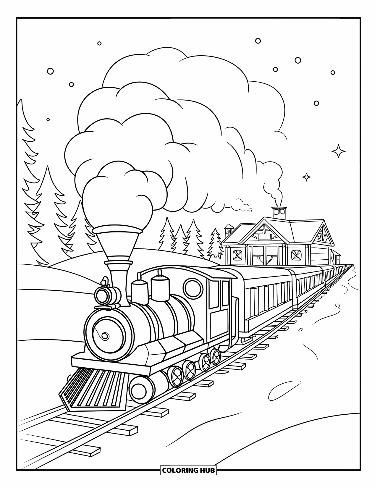 North Pole Coloring Page for Kids: A toy train puffing along snowy tracks toward the North Pole workshop