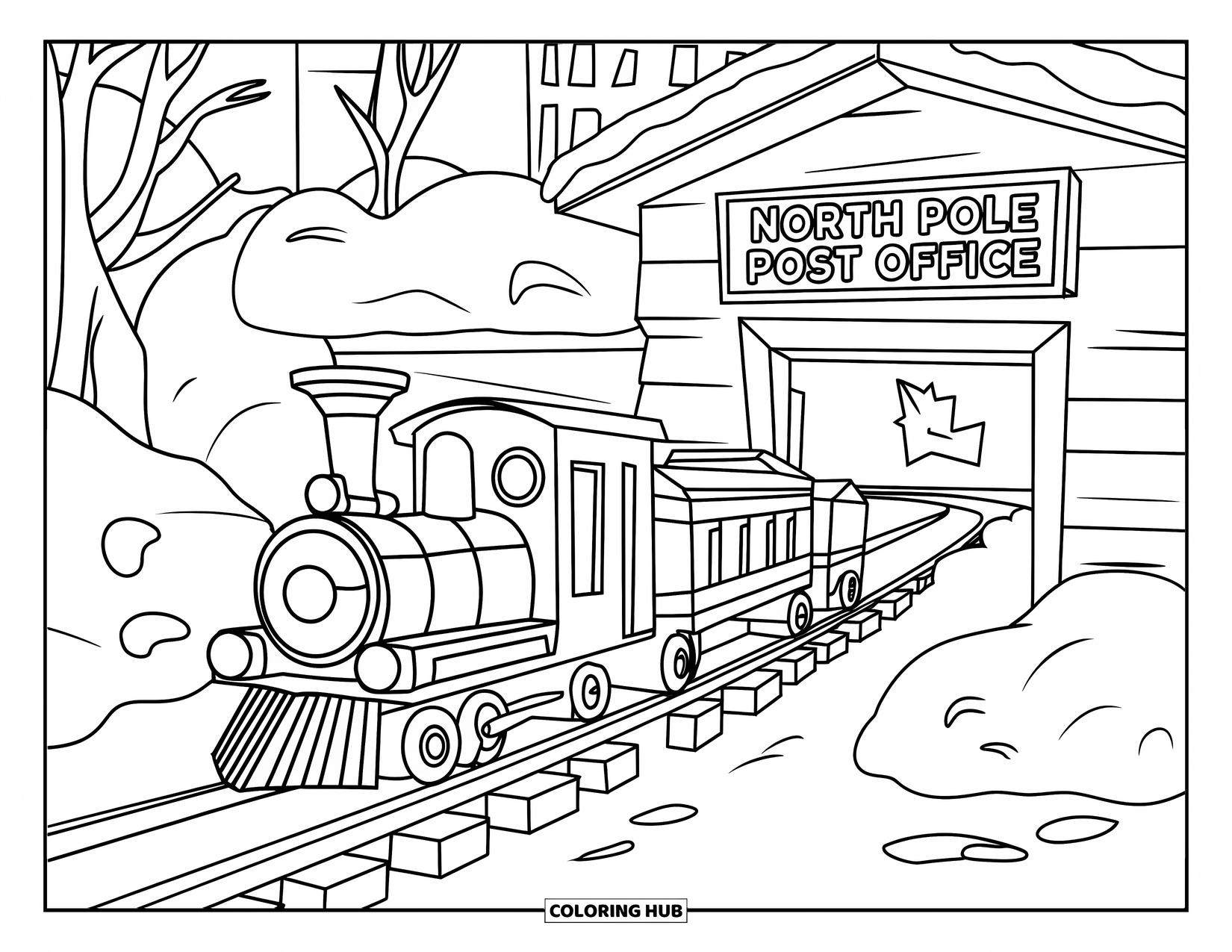 North Pole Coloring Page for Kids: A toy train rolling past the snowy North Pole post office