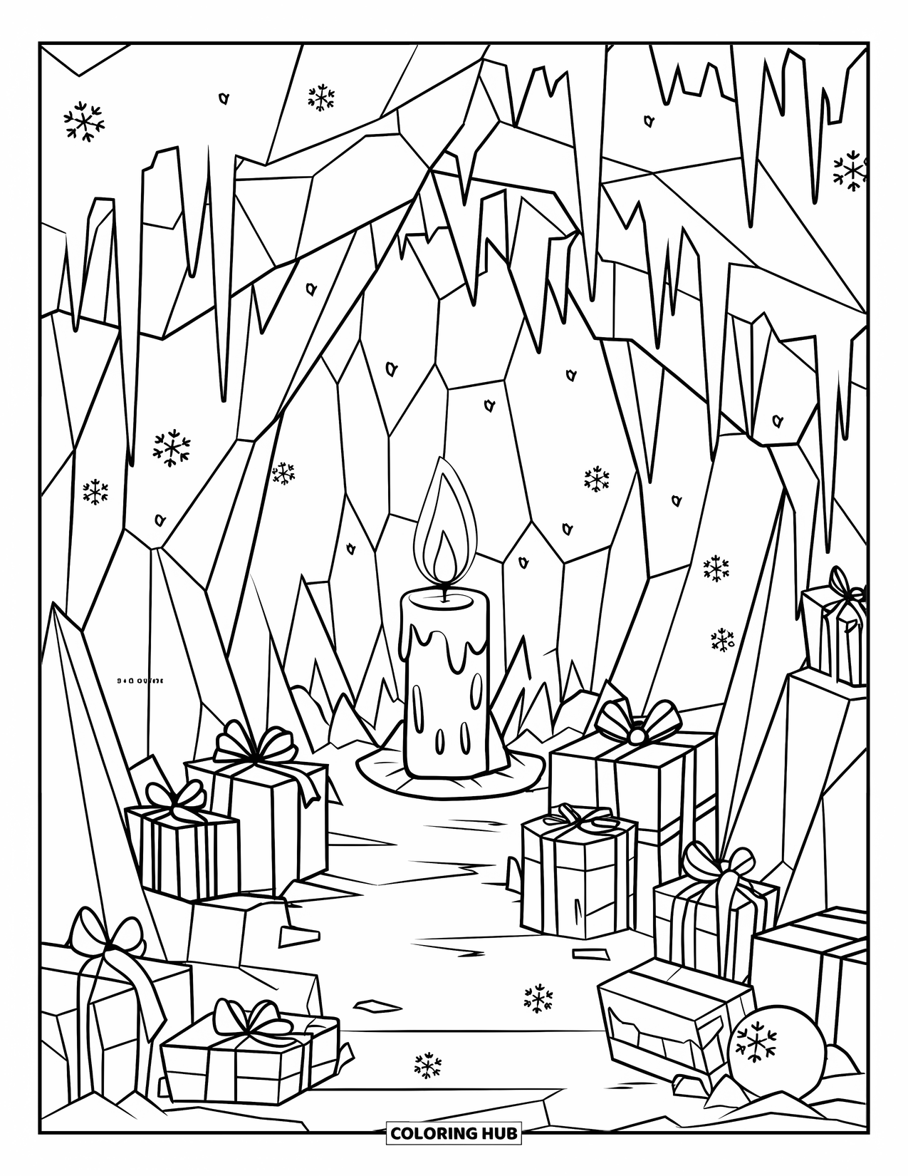 North Pole Coloring Page for Kids: An icy cave glowing with treasures and a large candle at its center