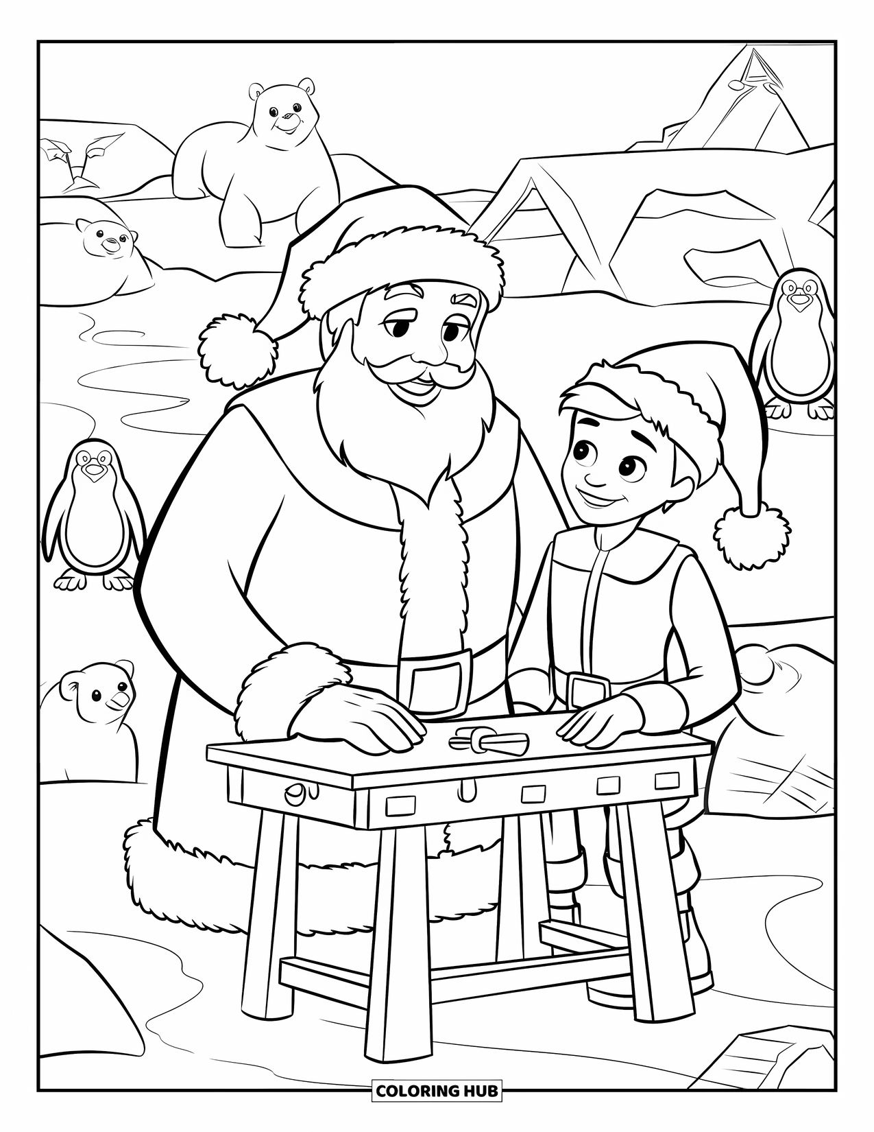 North Pole Coloring Page for Kids: Santa and an elf making toys with penguins and igloos nearby