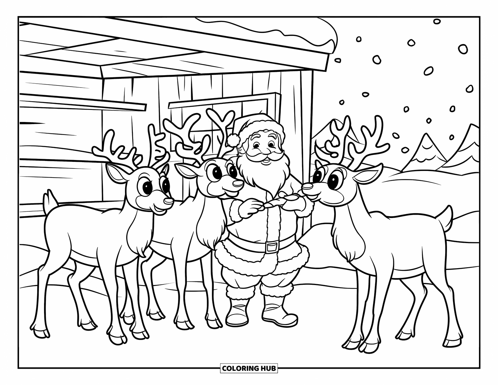 North Pole Coloring Page for Kids: Santa cheerfully feeding reindeer carrots at a snowy stable