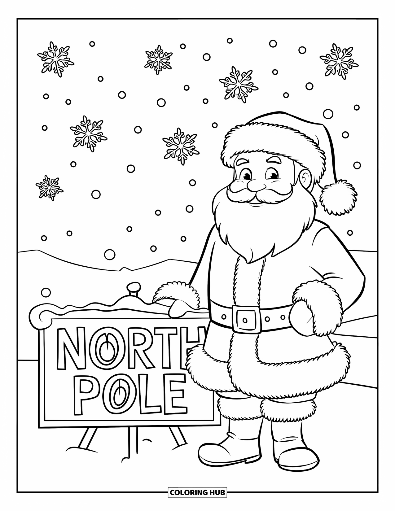 North Pole Coloring Page for Kids: Santa standing cheerfully beside a snowy North Pole sign