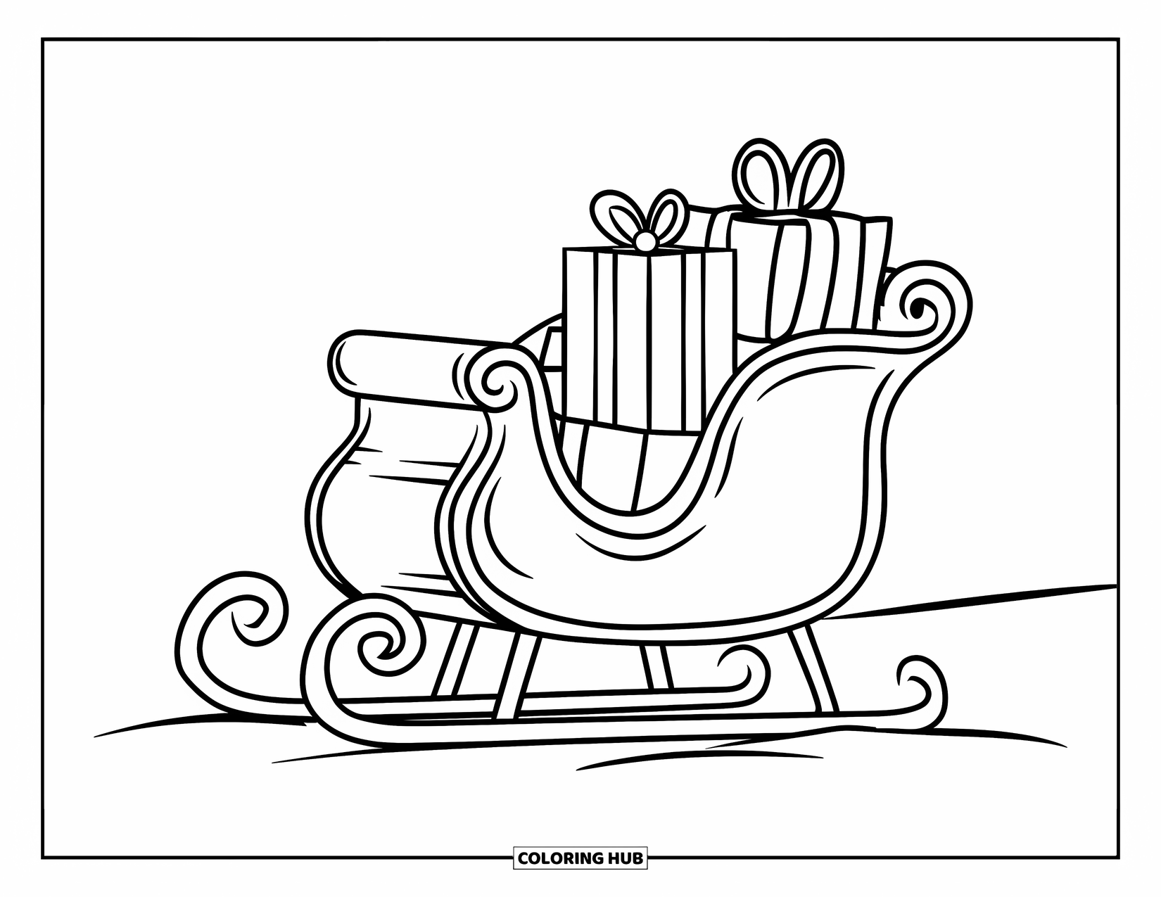 North Pole Coloring Page for Kids: Santa's sleigh parked on a snowy hill filled with gifts
