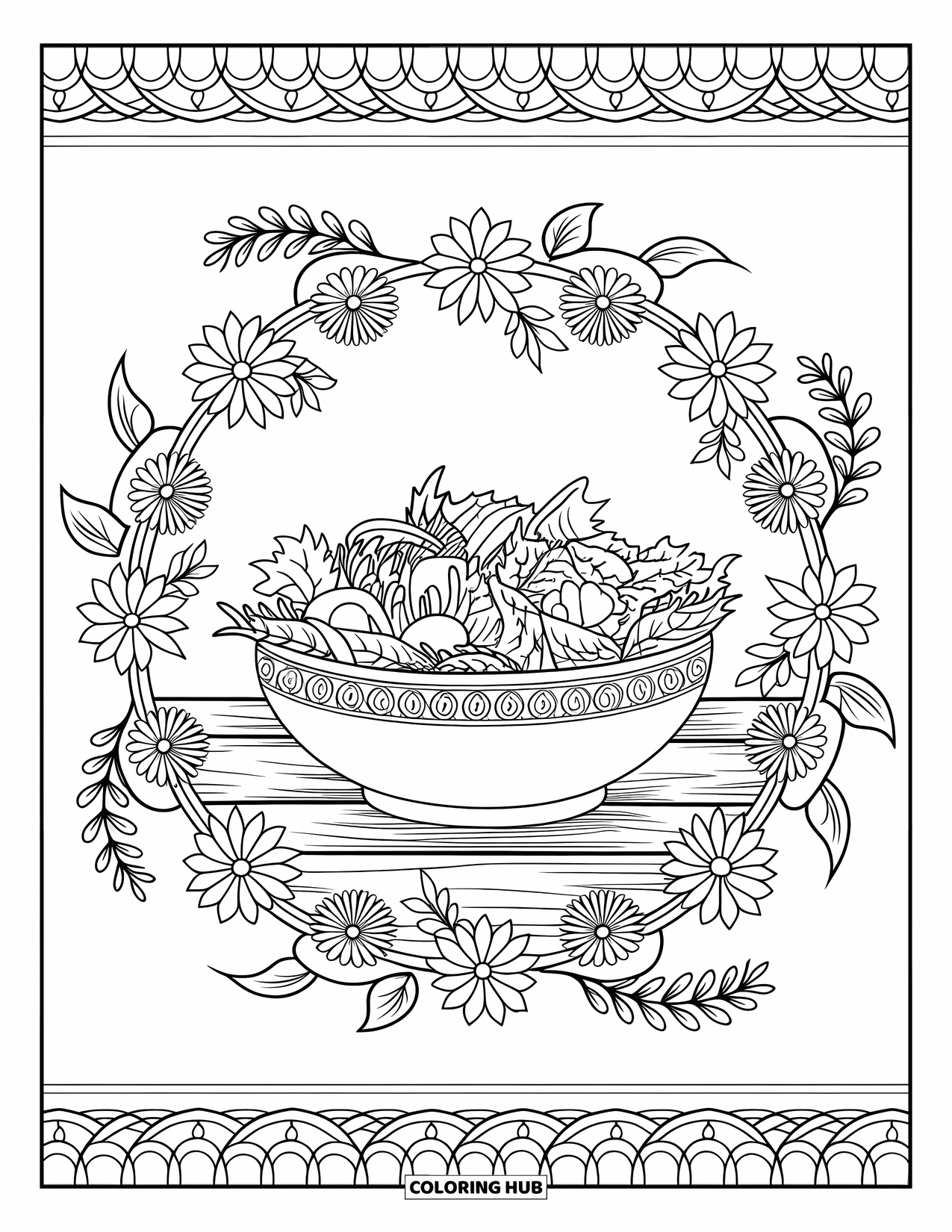 Nutrition Coloring Page for Adults: A bowl of salad sits inside a flower-filled mandala design