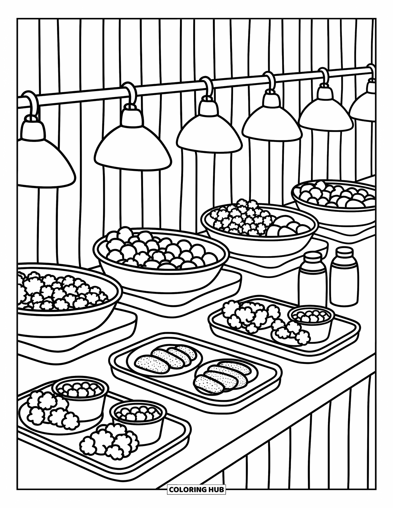 Nutrition Coloring Page for Adults: A cheerful lunch line offers balanced bites under playful heating lamps