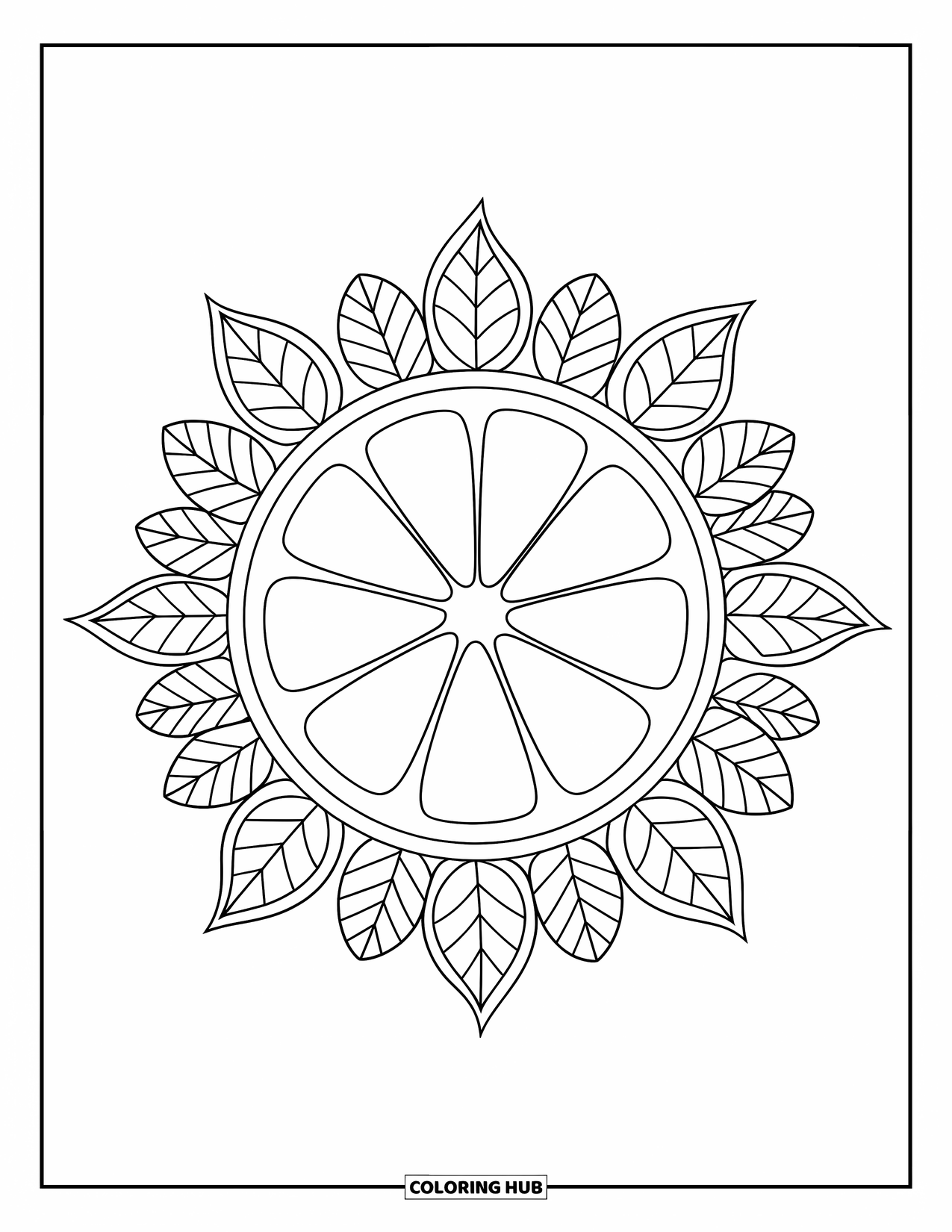 Nutrition Coloring Page for Adults: A citrus slice rests at the center of a leafy mandala pattern