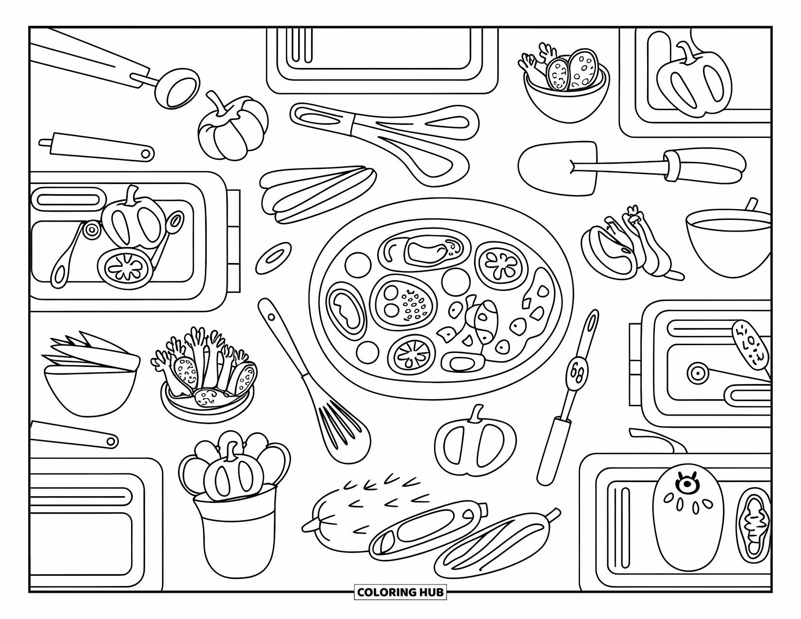 Nutrition Coloring Page for Adults: A cozy kitchen counter is ready for cooking with veggies and cute utensils