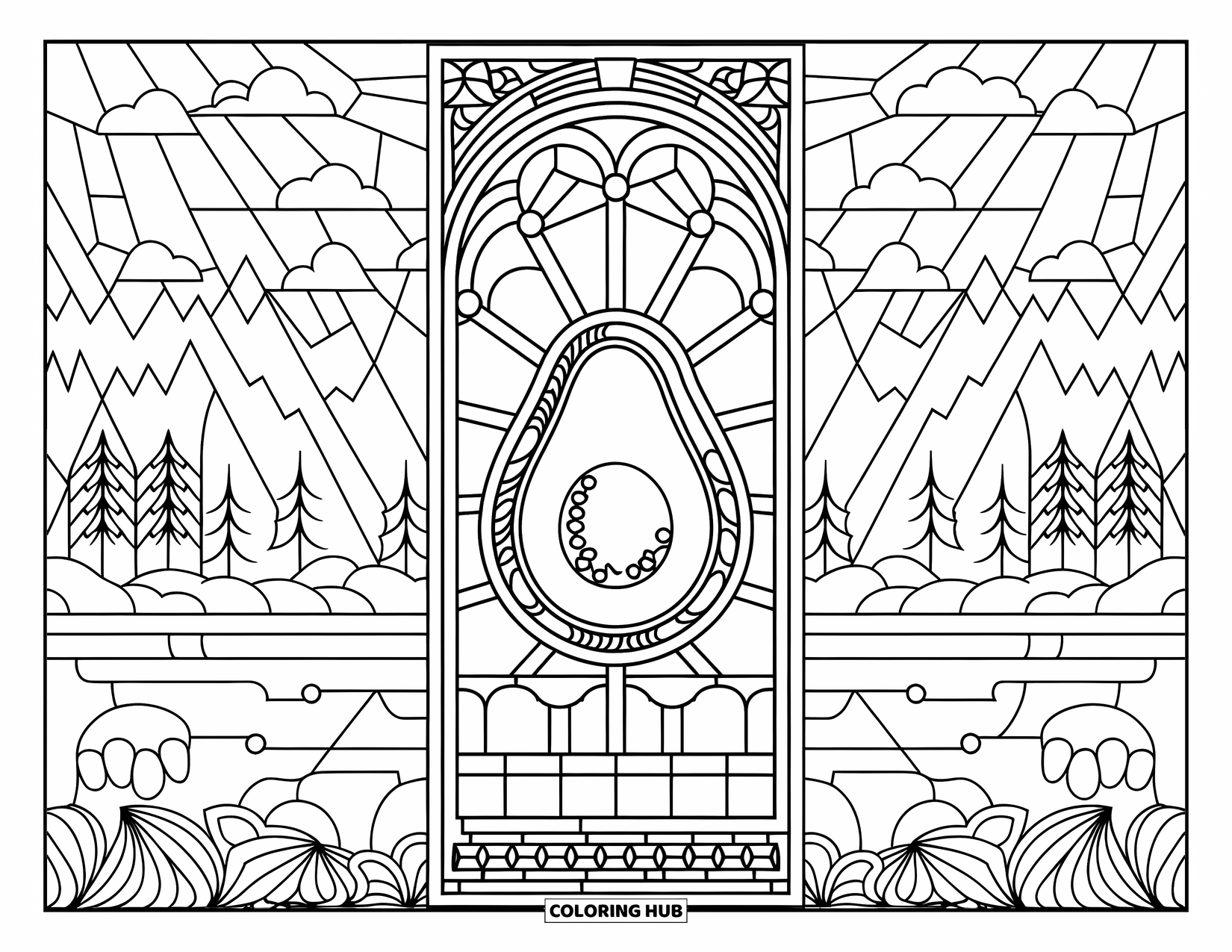 Nutrition Coloring Page for Adults: A stained-glass frame surrounds a fresh avocado with a peaceful landscape behind it