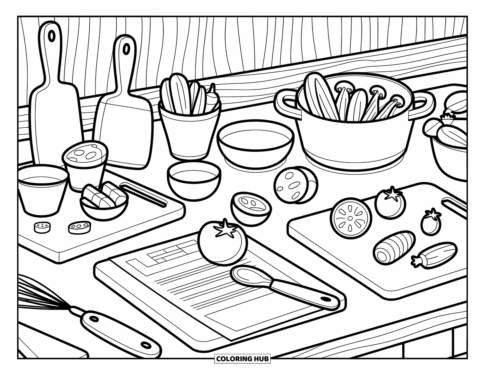 Nutrition Coloring Page for Adults: A tidy kitchen setup with fresh veggies and playful tools waits for a yummy recipe