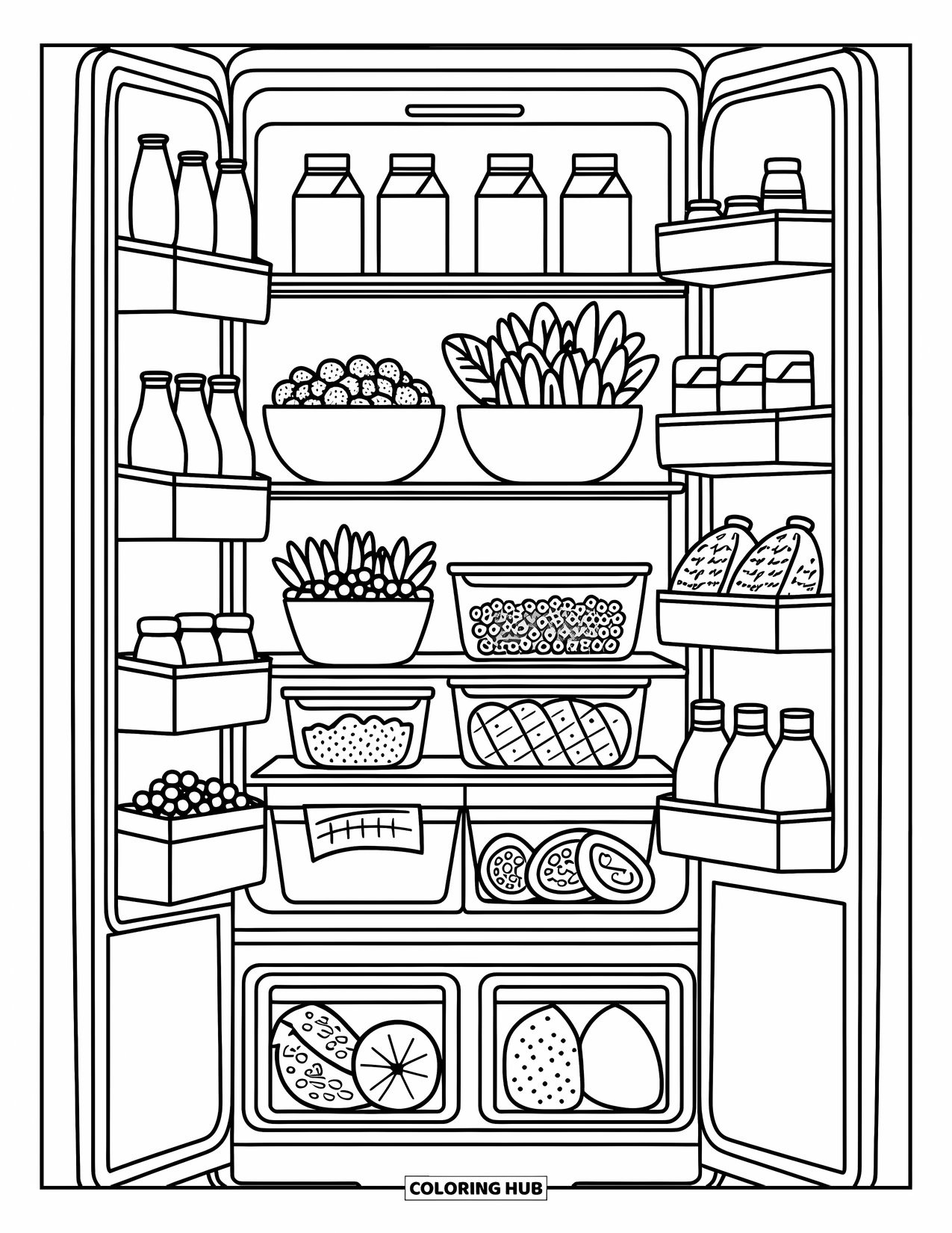 Nutrition Coloring Page for Adults: An open fridge reveals yogurt, veggies, and a sticky note full of snack ideas