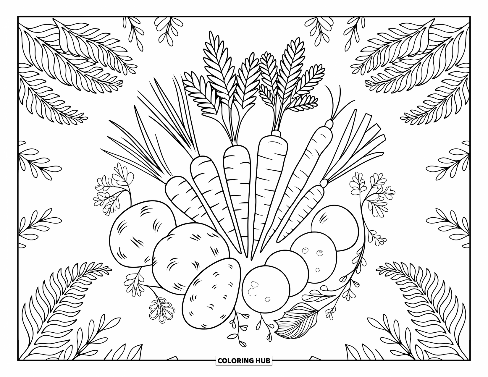 Nutrition Coloring Page for Adults: Carrots and beets form a circle surrounded by swirling ferns and flowers