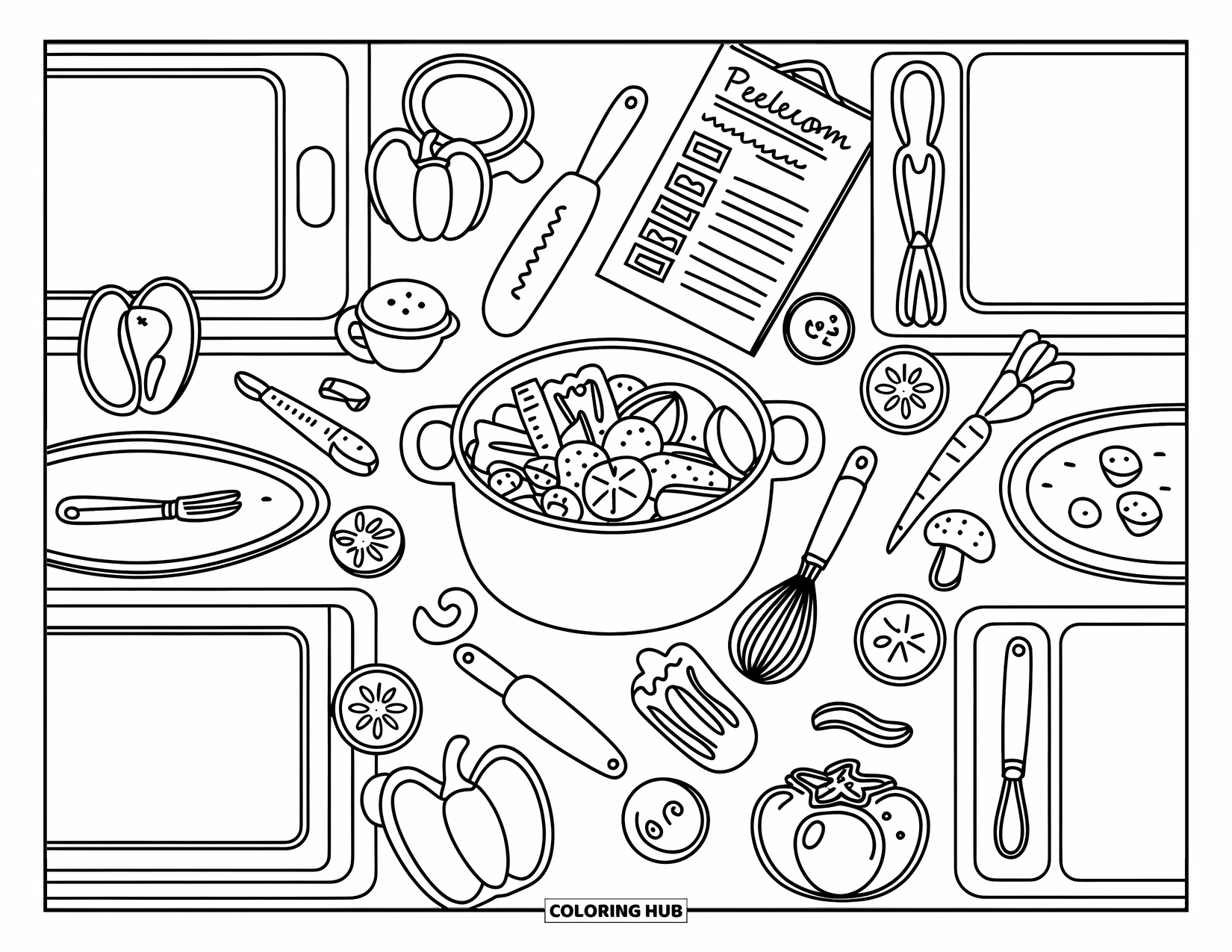 Nutrition Coloring Page for Adults: Chopped veggies and kitchen tools sit neatly on a cheerful classroom-style counter